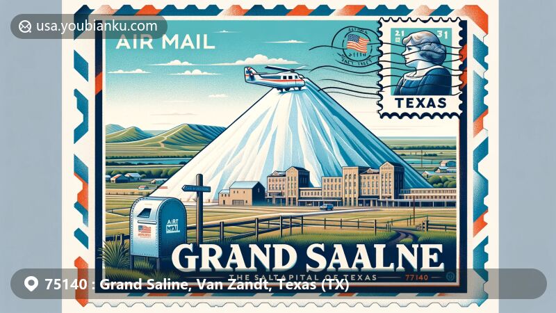Modern illustration of Grand Saline, Texas, showcasing airmail envelope and Salt Palace, emphasizing salt mining heritage with ZIP code 75140, set against rural Texas landscape.