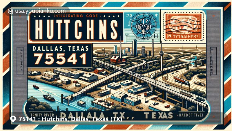Modern illustration of Hutchins, Dallas County, Texas, showcasing postal theme with ZIP code 75141, featuring Trinity River, Interstate Highways 20 and 45, and industrial cityscape.