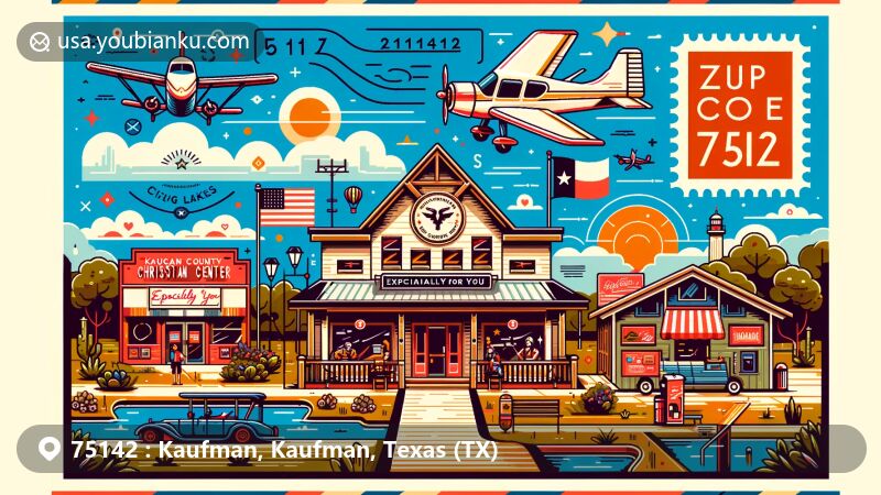 Modern illustration of Kaufman, Kaufman County, Texas, featuring ZIP code 75142, showcasing local culture and landmarks, including vibrant community center, popular restaurant Especially For You, City Lakes Park, and aviation-themed restaurant Wings Over Kaufman.