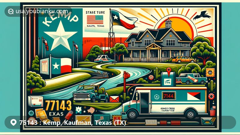 Modern illustration of Kemp, Kaufman, Texas showcasing Kings Creek Country Club and Texas state symbols, with vintage postcard design featuring ZIP code 75143, including mail truck, mailbox, and postage stamps.