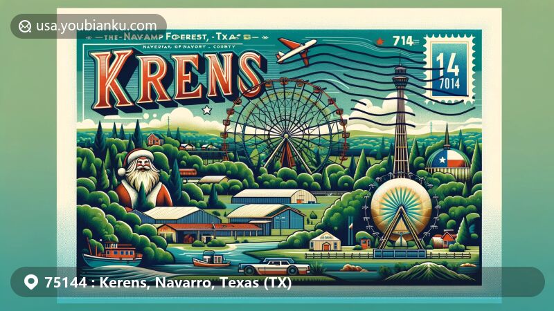 Modern illustration of Kerens, Navarro County, Texas, featuring Camp Forrest Texas surrounded by lush forests, historical Big Tex Santa symbolizing town's contribution to Texas State Fair. Background showcases Kerens' rural landscape and subtropical climate, emphasizing town's tranquility and warm atmosphere. Includes modern postal elements like stylized stamps, airmail border, and highlighted ZIP code 75144, anchoring artwork in postal theme.