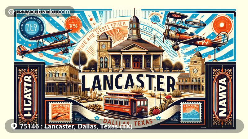 Illustration of Lancaster, Dallas, Texas, blending historic charm with modern postal elements for ZIP code 75146, featuring Visitor's Center, State Auxiliary Museum, and Texas Interurban Railway, set against Lancaster's Historic Town Square.