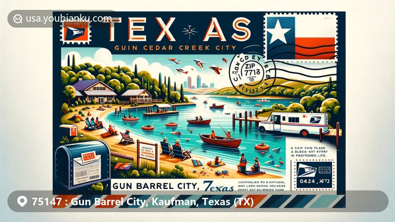 Modern illustration of Gun Barrel City, Texas, capturing the essence of Cedar Creek Lake with boating and fishing scenes, featuring the Texas state flag and postal elements, framed within an airmail design with ZIP code 75147.