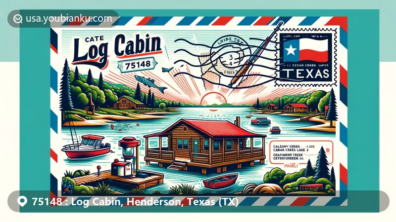 Modern illustration of Log Cabin, Texas, with ZIP code 75148, showcasing Cedar Creek Lake, fishing activities, and unique identity as a retirement community between Caney Creek and Clear Creek arms.