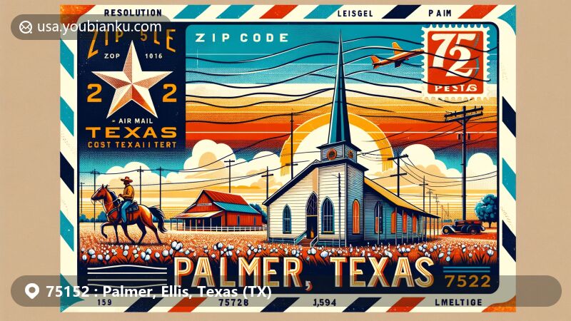 Vintage-style illustration of Palmer, Ellis County, Texas, featuring ZIP code 75152 and iconic J-Bar-C Cowboy Church, classic Texas landscape, state flag, and postal elements.