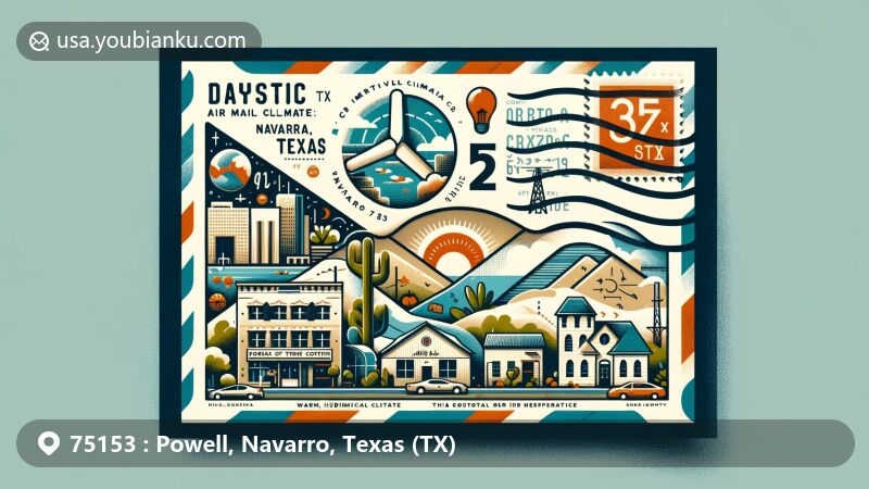 Modern illustration of Powell, Navarro County, Texas, featuring ZIP code 75153, showcasing postal theme and climate characteristics of warm, humid subtropical climate (Köppen Classification: Cfa).