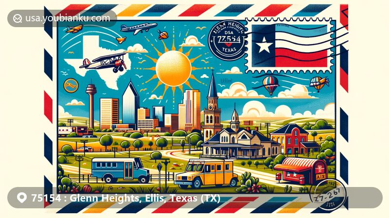 Colorful illustration of Glenn Heights, Texas, representing postal themes and ZIP code 75154 with Texas state flag stamp, vintage air mail envelope, and Glenn Heights landmarks.