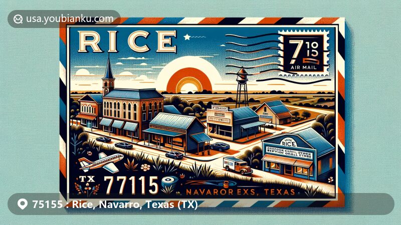 Modern illustration of Rice, Navarro, Texas, showcasing ZIP code 75155 with iconic buildings like Fortson General Store and Rice Baptist Church, set against Texas sky and vegetation.