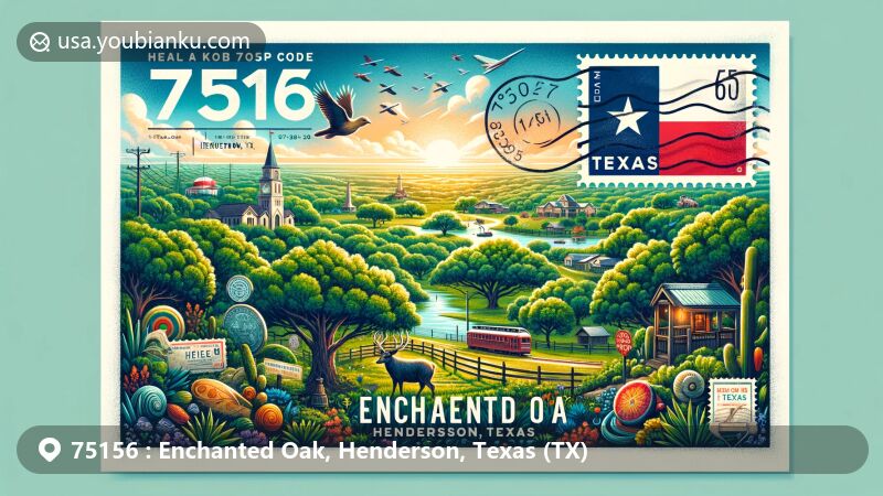 Modern illustration of Enchanted Oak, Henderson, Texas, in postcard style, showcasing lush greenery, serene environment, and unique cultural symbols, with a Texas backdrop and postal elements like a postmark, postage stamp, and envelope, highlighting ZIP Code 75156.