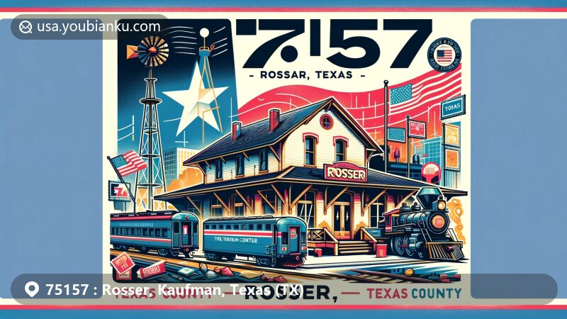 Creative illustration of Rosser, Texas, highlighting postal theme with ZIP code 75157, featuring Rosser Train Depot and Texas state symbols.