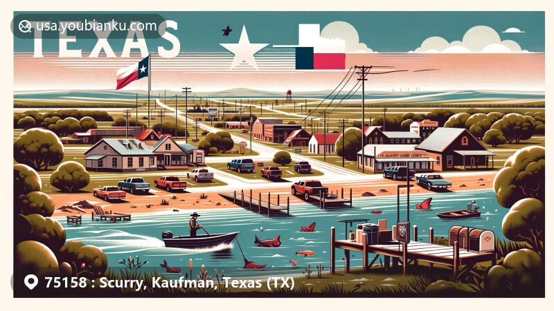 Modern illustration of Scurry, Texas, capturing the town's tranquility and community vibe with elements of flat plains, Texas state outline, and Kaufman County reference, highlighting outdoor activities and local businesses, featuring Lake Tawakoni and ZIP code 75158.