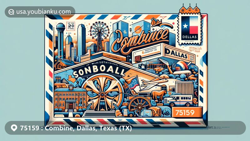 Modern illustration of Combine, Texas, with postal theme for ZIP code 75159, featuring air mail envelope highlighting proximity to Dallas and educational connections through Crandall and Dallas Independent School Districts.