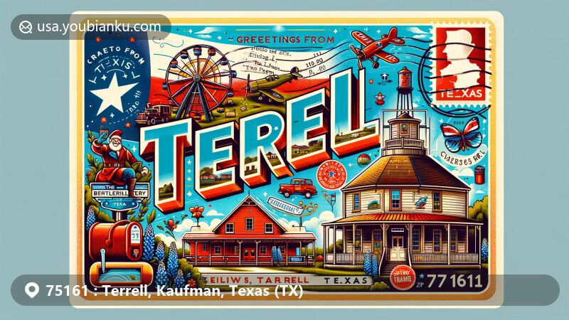 Modern illustration of Terrell, Texas, showcasing iconic symbols like the Round House, No. 1 British Flying Training School Museum, and 'Santa on the Farm' Christmas light park, with Texas state flag and bluebonnets, vintage postal elements, and ZIP code 75161.