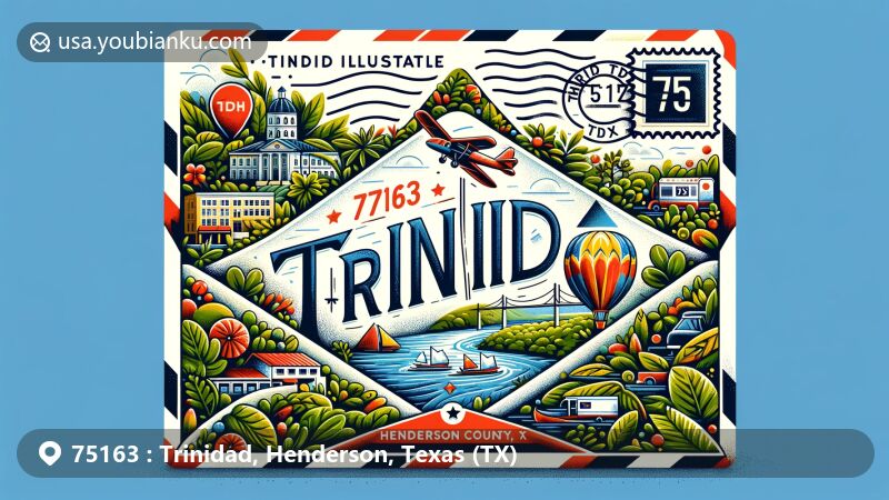Modern illustration of Trinidad, Henderson County, Texas, incorporating postal theme with ZIP code 75163, showcasing Trinity River and East Texas landscapes.