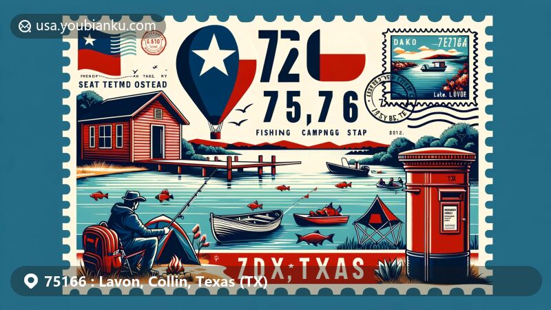 Modern illustration of Lavon, Collin County, Texas, highlighting Lake Lavon and outdoor activities like fishing and camping, with iconic Texas symbols like the Lone Star flag. Includes postal elements such as a vintage airmail envelope, a postage stamp with Lake Lavon silhouette, a postmark of Lavon, TX 75166, and a red mailbox.