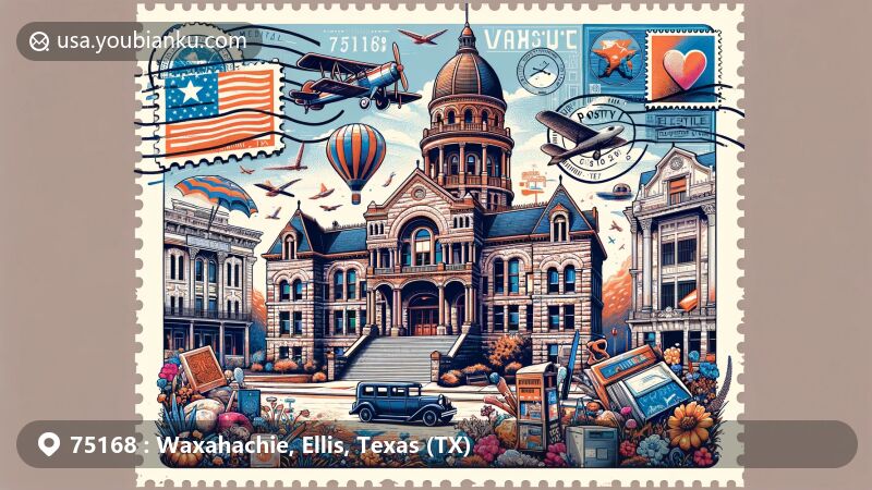 Modern illustration of Waxahachie, Texas, highlighting Ellis County Courthouse with historic Richardsonian Romanesque architecture, vibrant local art, and nods to town's historical significance and postal heritage.