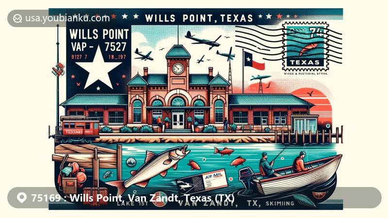Modern illustration of Wills Point, Van Zandt County, Texas, showcasing postal theme with ZIP code 75169, featuring Wills Point Depot and Lake Tawakoni State Park.