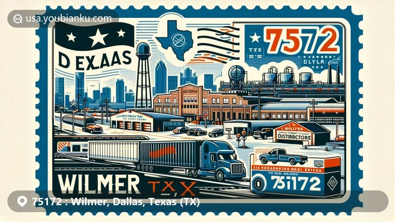 Modern illustration of Wilmer, Texas, with ZIP code 75172, featuring elements like Texas state flag, Dallas County outline, distribution center, railroads, and postal theme with stamps, postmark, and mail truck.