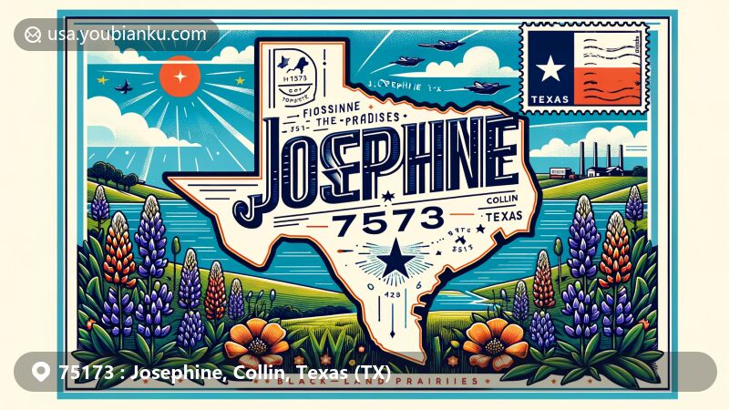 Modern illustration of Josephine, Collin County, Texas, portraying postal theme with ZIP code 75173, featuring Texas state flower bluebonnet, the Texas star, Blackland Prairies, Lavon Lake, postmark, and creative symbols.