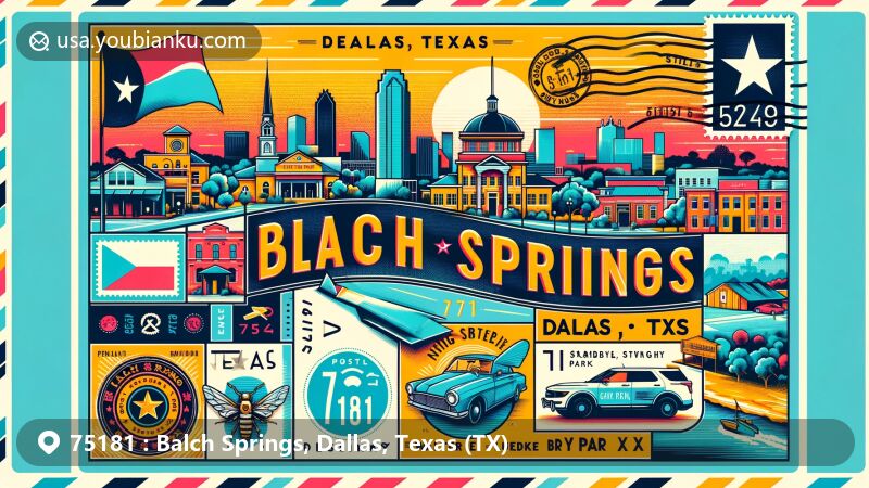 Modern illustration of Balch Springs, Dallas, Texas, with ZIP code 75181, blending local landmarks, postal themes, and Texas symbols like postcard design and stamps.