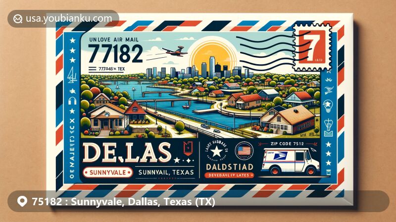Modern illustration of Sunnyvale, Dallas, Texas, styled as an air mail envelope, featuring Lake Ray Hubbard, Texas state flag, postal elements, and ZIP code 75182.
