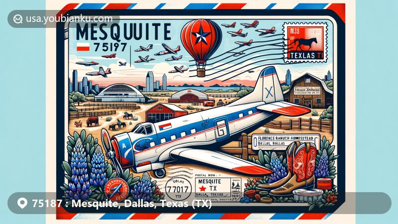Modern illustration of Mesquite, Dallas, Texas, showcasing ZIP code 75187 with an aviation-themed envelope and iconic elements like Mesquite Championship Rodeo, Florence Ranch Homestead, and Opal Lawrence Historical Park, set against a Texas landscape with bluebonnets and a sunset.