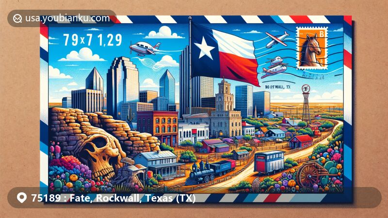 Innovative illustration of Fate, Texas, highlighting ancient rock wall, vibrant murals, historic Rockwall downtown, and iconic Texas elements like state flag and local agricultural heritage symbols, set on a wide modern postcard with postal theme and emphasis on ZIP code 75189.
