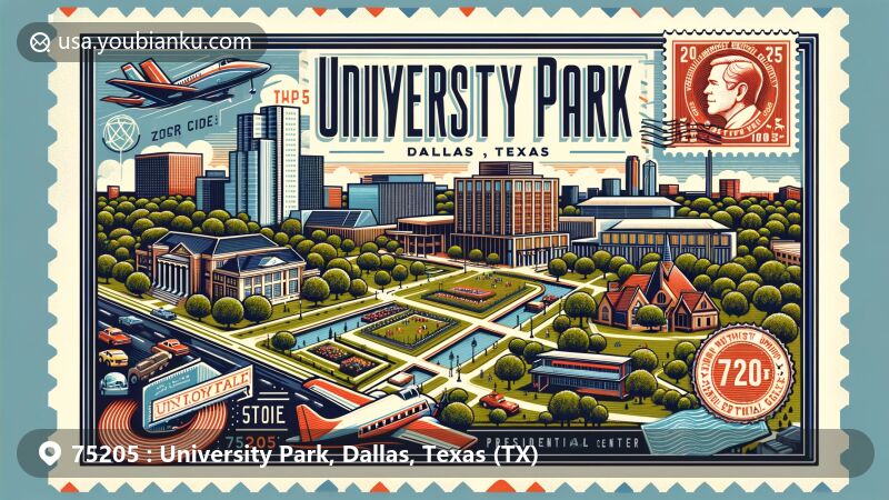 Modern illustration of University Park, Dallas, Texas, showcasing postal theme with ZIP code 75205, featuring Southern Methodist University, George W Bush Presidential Center, parks, and diverse community.