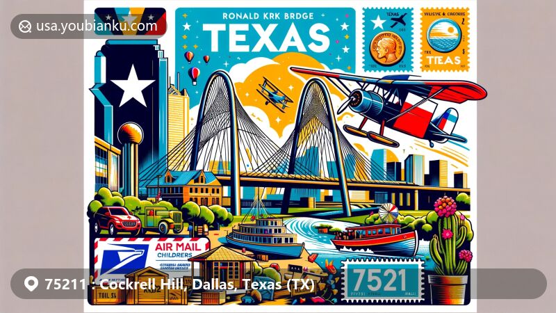 Modern illustration of the Ronald Kirk Bridge and Rory Meyers Children's Adventure Garden in Cockrell Hill, Dallas, Texas, with Texas state symbols and postal theme tied to ZIP code 75211.