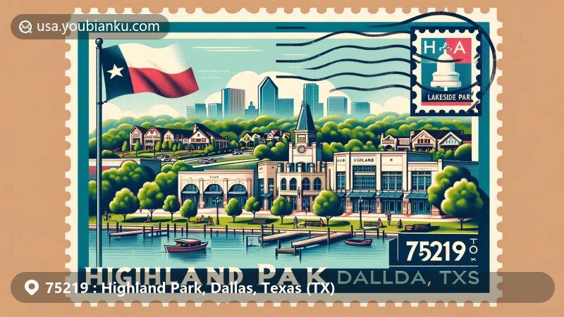 Modern illustration of Highland Park, Dallas, Texas, showcasing upscale shopping, dining, and green spaces, reminiscent of Beverly Hills, with hints of Spanish Colonial architecture and postal elements.