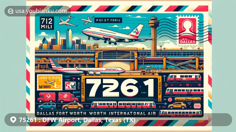 Modern illustration of Dallas Fort Worth International Airport (DFW) in Dallas, Texas, featuring postcard and air mail envelope theme with American Airlines aircraft, DART light rail system, and Dallas skyline, emphasizing airport's importance and connectivity.