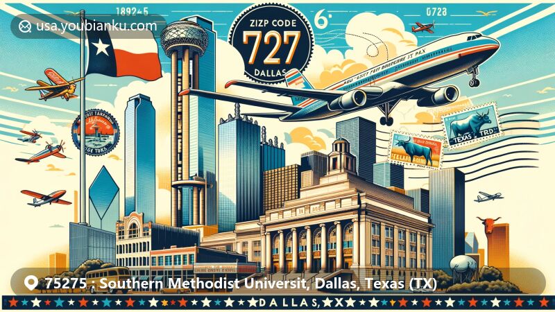 Modern illustration of Dallas, Texas, merging cultural landmarks with postal theme for ZIP code 75275, featuring Reunion Tower, Texas Theatre, and Sixth Floor Museum.
