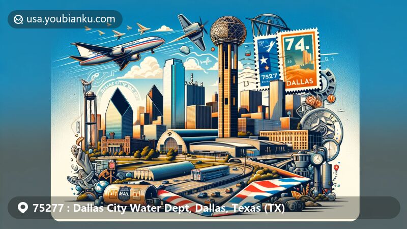 Modern illustration of Dallas City Water Dept in Dallas, Texas, with air mail envelope showcasing TX state flag, Reunion Tower, and Dallas landmarks, featuring ZIP code 75277.
