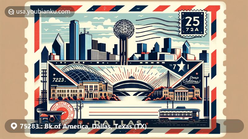 Modern illustration capturing the essence of Dallas, Texas, featuring ZIP code 75283, showcasing iconic landmarks like Bank of America Plaza, Margaret Hunt Hill Bridge, Texas Theatre, and Deep Ellum arts district.