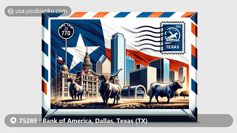 Modern illustration of Dallas, Texas, featuring airmail envelope design with ZIP code 75285, Pioneer Plaza sculptures, and Texas flag.