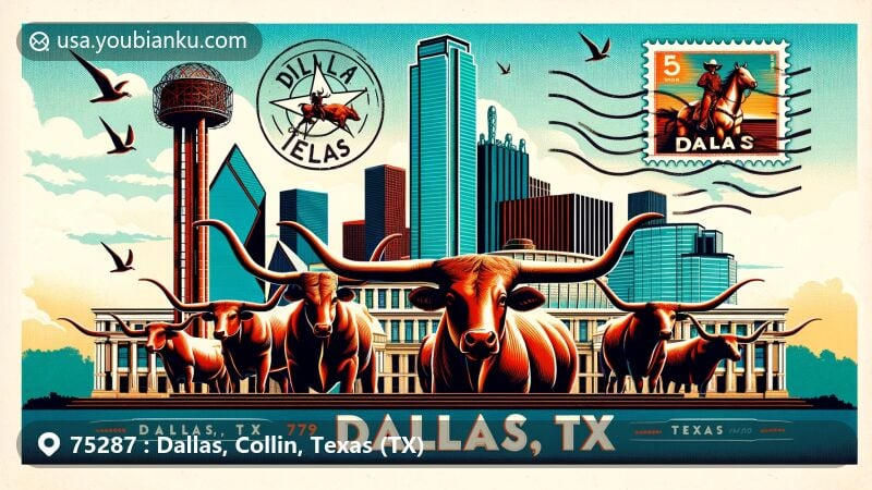 Modern illustration of Pioneer Plaza in Dallas, Texas, showcasing iconic sculptures of longhorn cattle and trail riders, with Dallas skyline in the background, adorned with decorative stamps featuring 'Dallas, TX 75287' and symbolic Texas landmark.