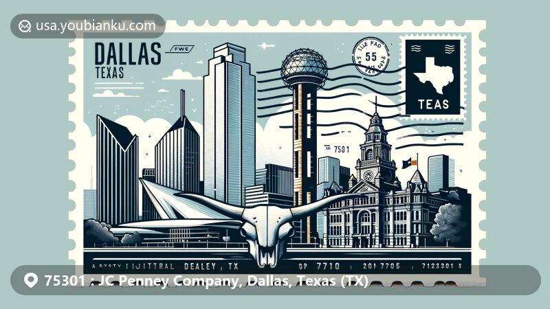 Modern illustration of Dallas, Texas, featuring Reunion Tower, Dealey Plaza, and Pioneer Plaza's longhorn sculptures in a postcard format with postal elements and ZIP code 75301.