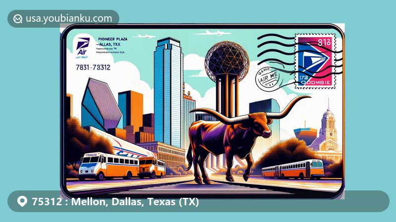 Modern illustration of Pioneer Plaza in Dallas, Texas, featuring longhorn cattle and trail riders sculptures in a postal theme with ZIP code 75312.