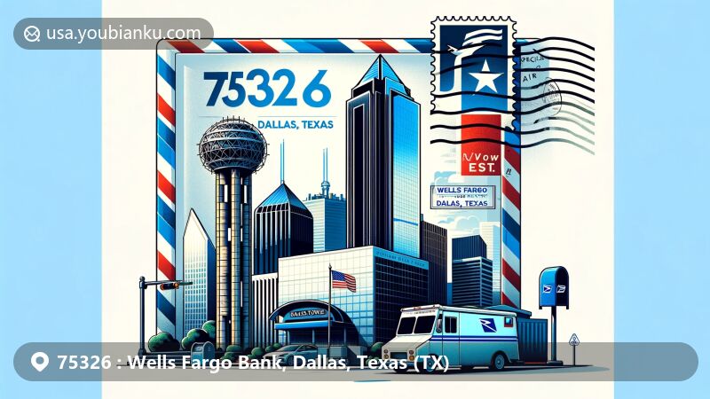 Modern illustration of Dallas, Texas, featuring airmail envelope with ZIP code 75326, Reunion Tower, Texas state flag, postage stamp, American postal vehicle, and mailbox.