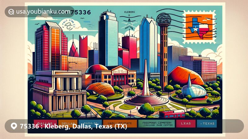 Modern illustration of ZIP Code 75336 in Kleberg, Dallas, Texas, featuring iconic landmarks like Dallas Cattle Drive Sculptures, Dealey Plaza, Hall of State, Texas Theatre, and more, integrated with Texas cultural and postal themes.