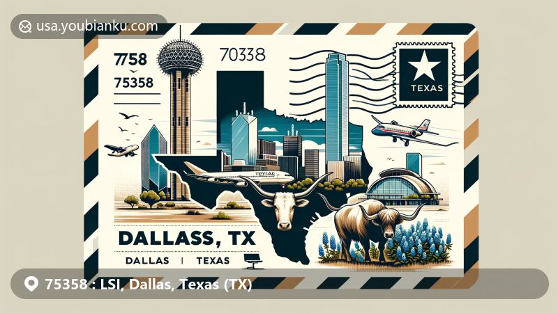 Modern illustration of LSI area in Dallas, Texas, with a postcard layout and aviation envelope border, featuring Reunion Tower, Dallas Museum of Art, Texas Longhorn, and Bluebonnet, representing regional and natural symbols.