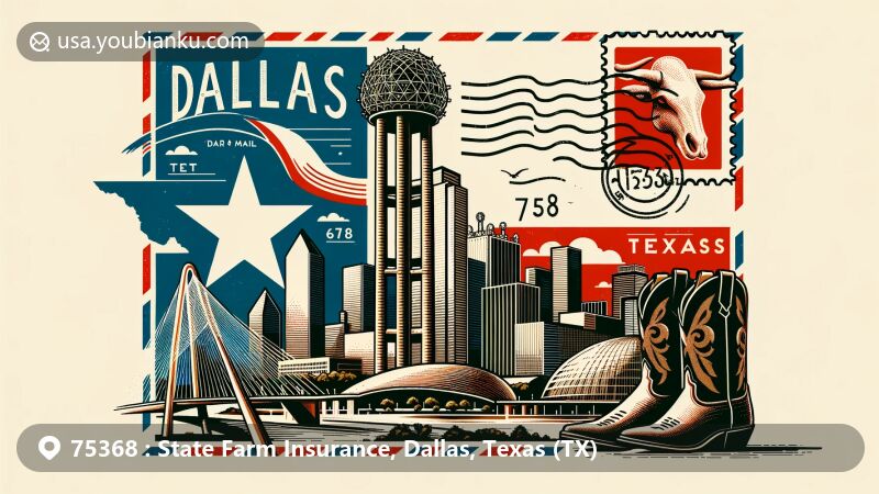 Vintage illustrated postcard of Dallas, Texas, with Reunion Tower, Margaret Hunt Hill Bridge, cowboy hat, boots, longhorn silhouette, and Texas outline, featuring postage stamp of Dallas landmark with ZIP code 75368, and Texas Lone Star symbol.