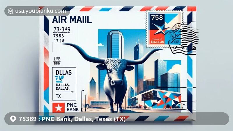 Modern illustration of PNC Bank area in Dallas, Texas, showcasing ZIP code 75389. Background envelope with longhorn cattle sculptures of Pioneer Plaza and abstract patterns inspired by Deep Ellum street art.