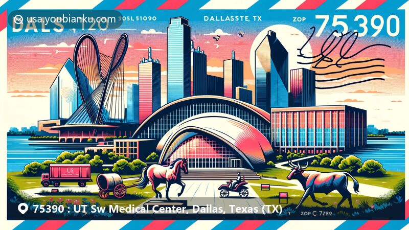 Modern illustration of Dallas, Texas, highlighting ZIP code 75390, featuring iconic landmarks like Morton H. Meyerson Symphony Center, American Airlines Center, and Dallas Cattle Drive Sculptures, along with natural beauty of Katy Trail and Dallas Arboretum.