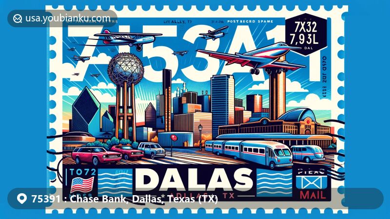 Modern illustration of Dallas, Texas, showcasing postal theme with ZIP code 75391, featuring Reunion Tower, Dealey Plaza, Dallas Cattle Drive Sculptures, and Texas Theatre.