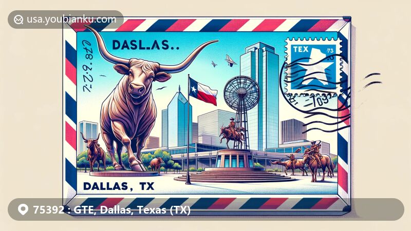 Modern illustration of Pioneer Plaza in Dallas, Texas, featuring iconic longhorn cattle sculpture and cowboys, with Texas flag waving in the background, set creatively within an airmail envelope showcasing postal elements like stamps and postmarks. Highlighted '75392' and 'Dallas, TX' signify the area's postal identity, capturing the essence of Dallas and its connection to Texas, while emphasizing the postal theme.