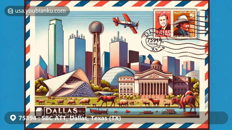 Modern illustration of Dallas, Texas, with landmarks like George W. Bush Presidential Library and Museum, Perot Museum of Nature and Science, and Dallas Zoo, in a vintage air mail envelope design.