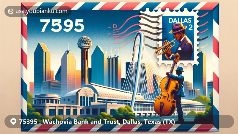 Modern illustration of Wachovia Bank and Trust area, Dallas, Texas, showcasing postal theme with ZIP code 75395, featuring Margaret Hunt Hill Bridge and Dallas skyline symbols.
