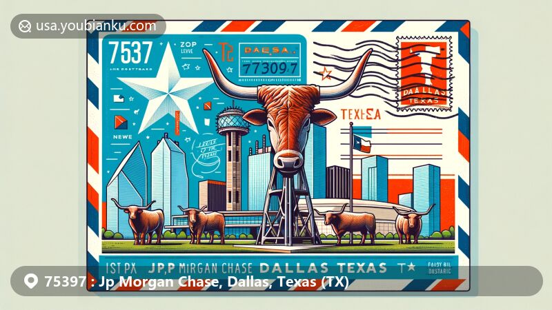 Modern illustration of Dallas, Texas, capturing iconic landmarks like Pioneer Plaza longhorn sculptures and Reunion Tower, integrating Texas state symbols with postal theme.