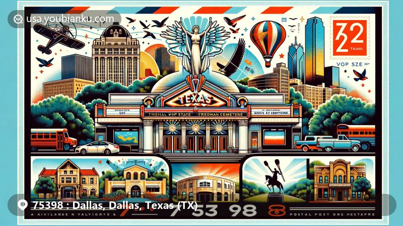 Modern illustration of ZIP Code 75398 in Dallas, Texas, featuring iconic landmarks like the Hall of State, Texas Theatre, Freedman’s Cemetery, Meyerson Symphony Center, and Highland Park Village, along with postal elements.